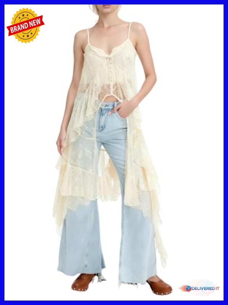 Boho Lace Flowy Top Spaghetti Strap Sheer See Through Long Cami High Low Ruffle